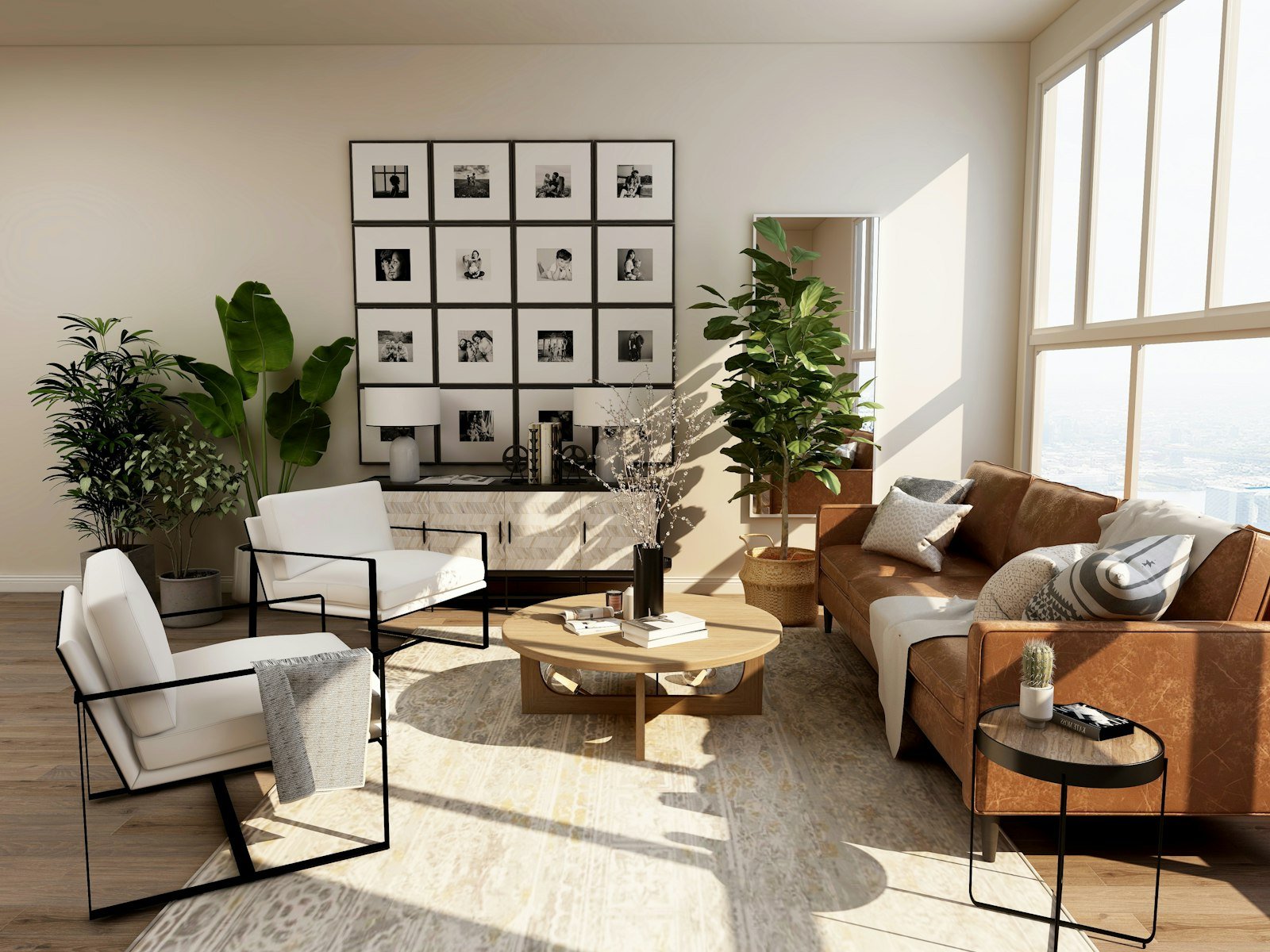 Renovated living room with a leather sofa, timber coffee table, and tall windows